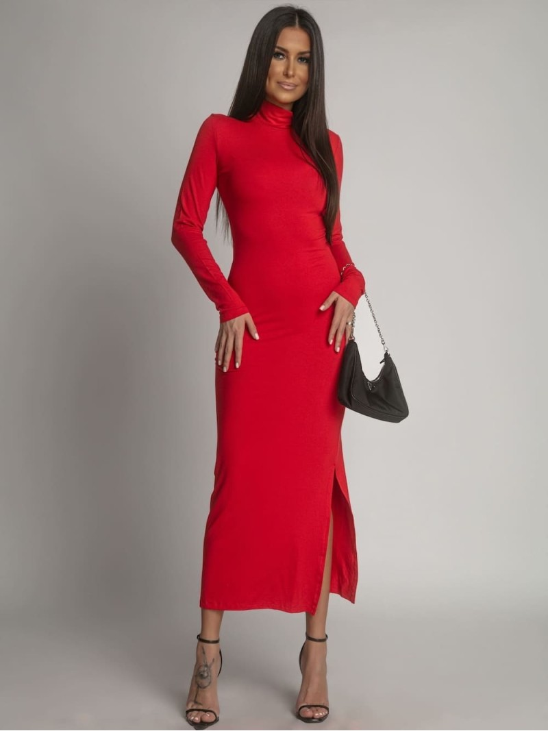 Smooth long-sleeved turtleneck dress, red FG678